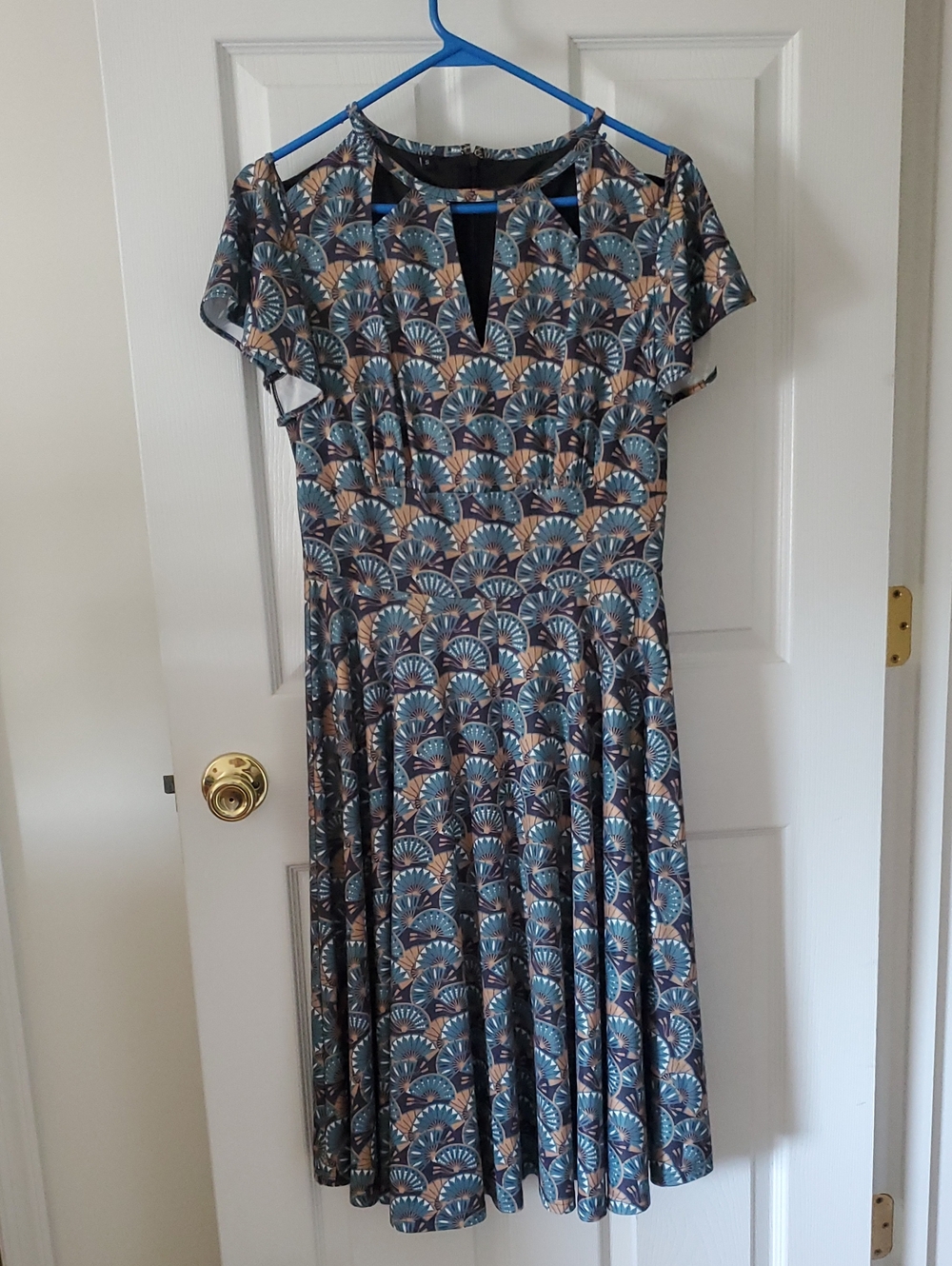 Women’s Blue and Tan Geometric Fit-and-Flare Dress
